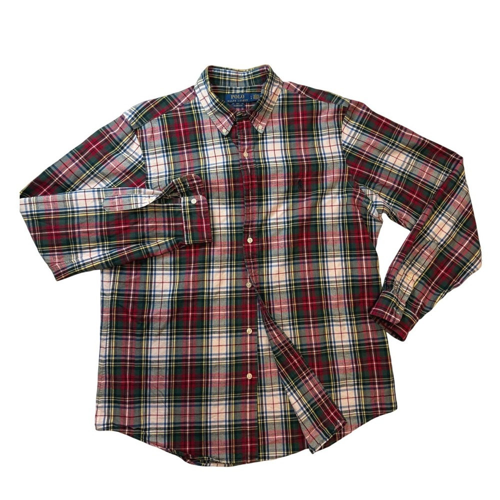 Polo Ralph Lauren Mens Classic Fit Plaid Flannel Button Down Shirt Red Green L